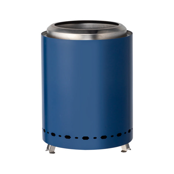Shopi Vella blue stainless steel wood burning basin with ventilation holes and metal legs for outdoor cooking