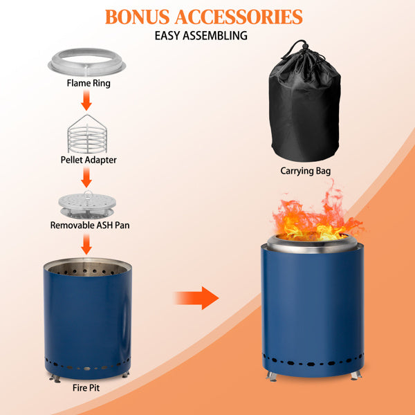 Shopi Vella stainless steel wood burning basin fire pit with bonus accessories including flame ring pellet adapter and carrying bag