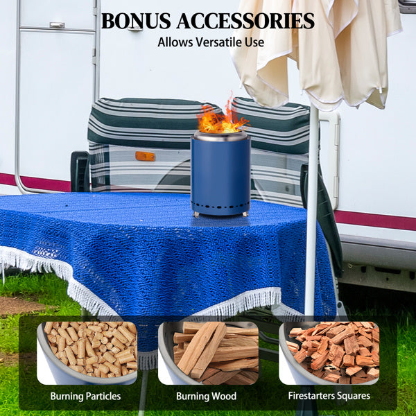 Shopi Vella stainless steel wood burning basin on blue outdoor table with fire and wood burning accessories