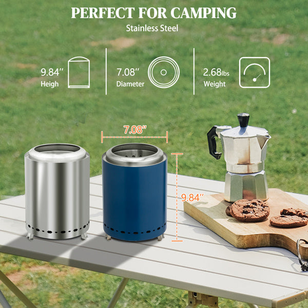 Shopi Vella stainless steel wood burning basin in silver and blue on camping table with coffee pot and cookies