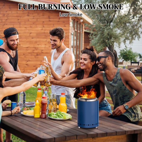 Friends enjoying outdoor gathering with Shopi Vella stainless steel wood burning basin on picnic table