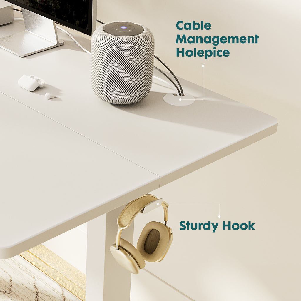 Shopi Vella standing desk for home office with cable management hole and sturdy hook holding headphones