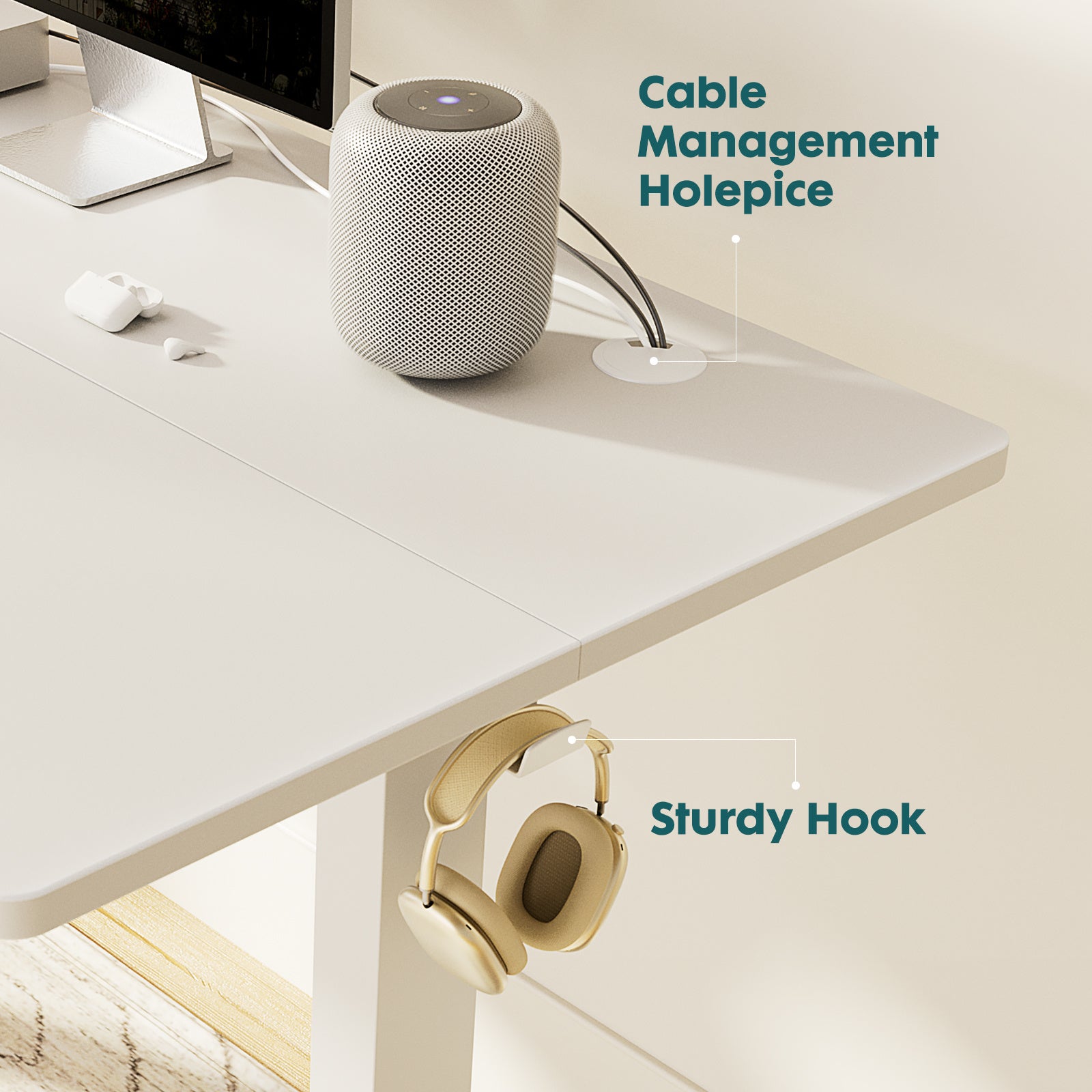 Shopi Vella standing desk for home office with cable management hole and sturdy hook holding headphones