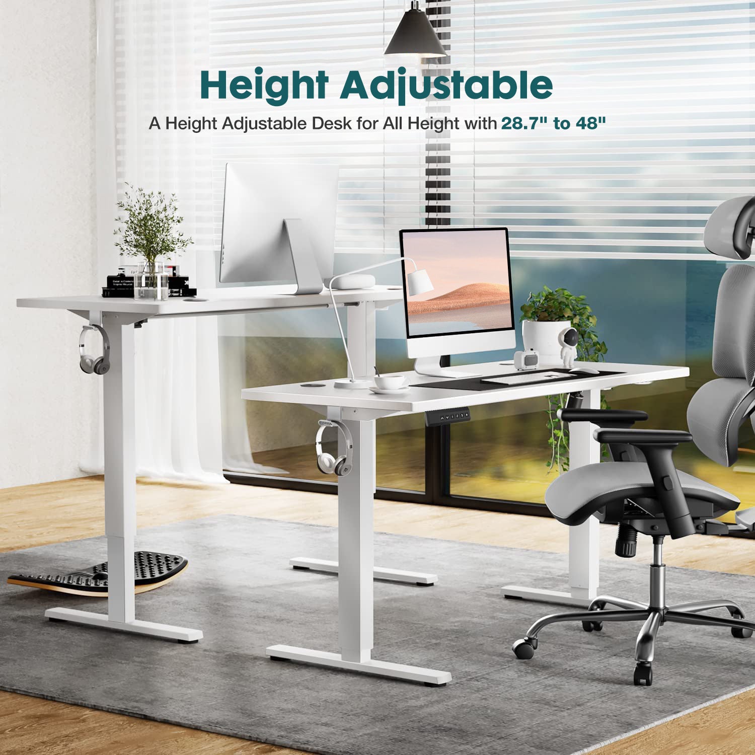 Height adjustable standing desk for home office with white tabletop and ergonomic office chair
