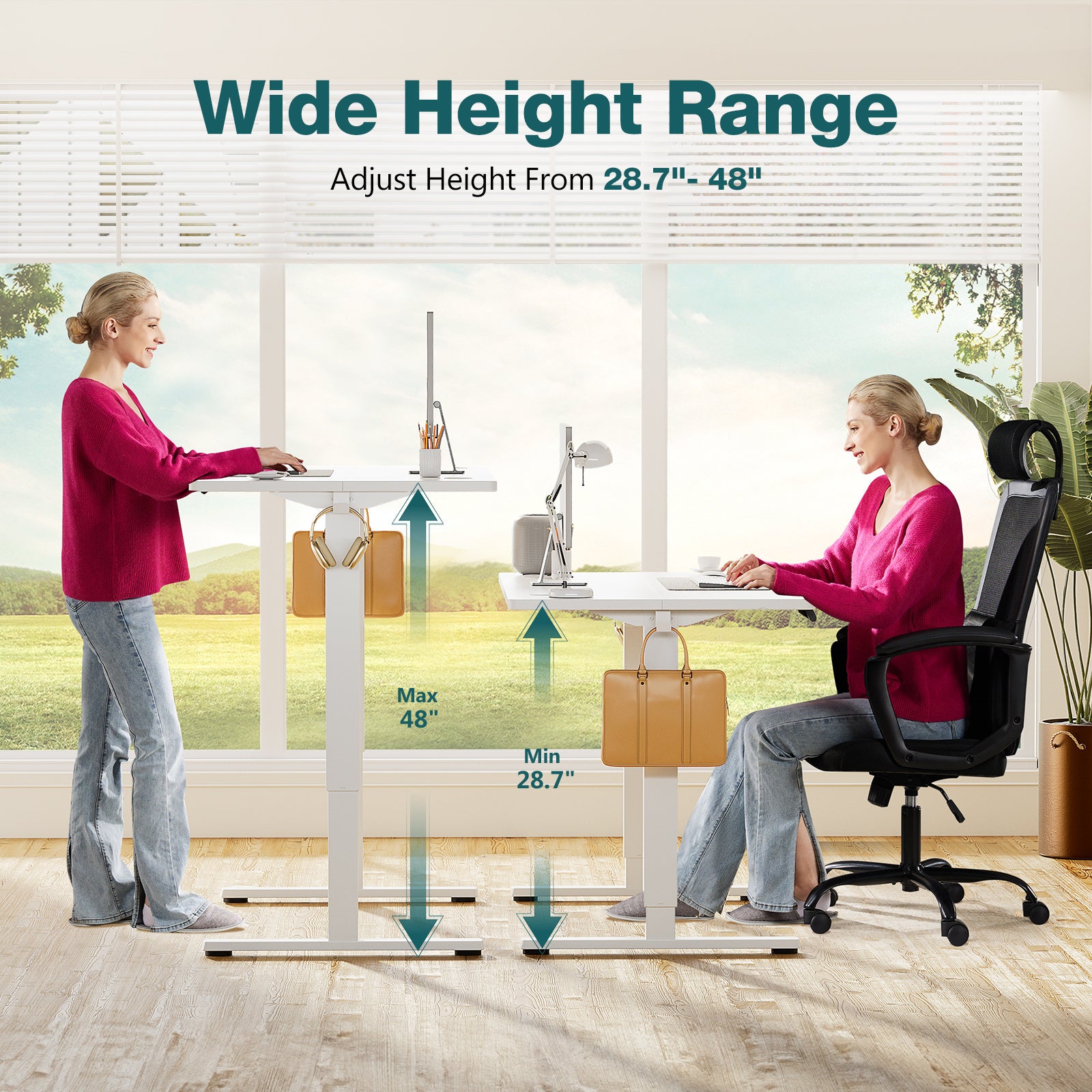 Shopi Vella standing desk for home office with adjustable height from 28.7 to 48 inches in modern workspace