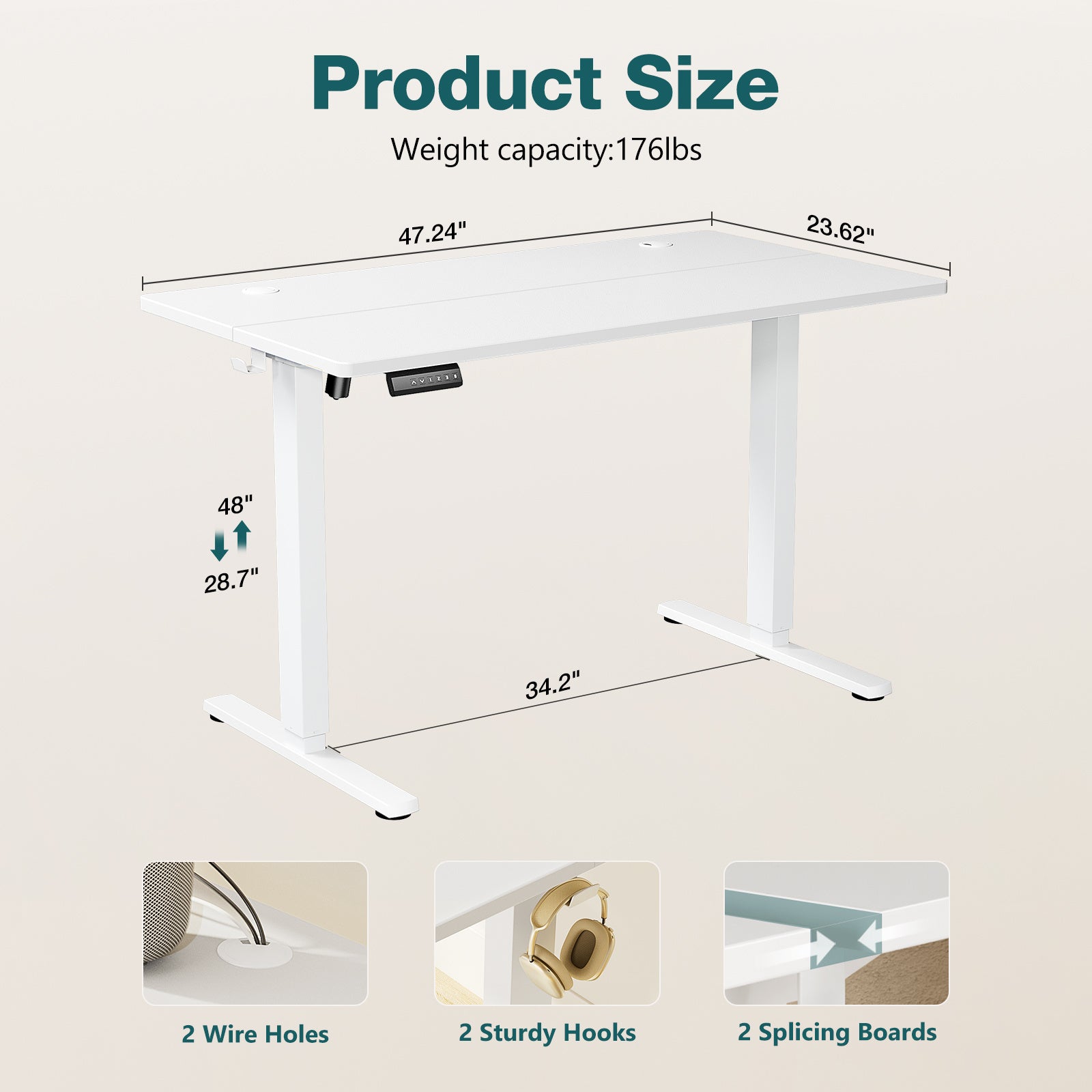 Shopi Vella white standing desk for home office with adjustable height, wire holes, hooks, and splicing boards
