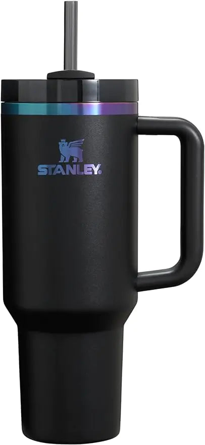 Black Stanley tumbler with straw and handle featuring a durable design for on-the-go use