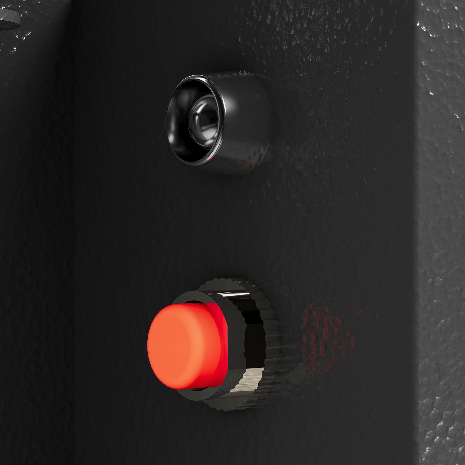 Close-up of a steel security safe box lock mechanism with a red button and black dial