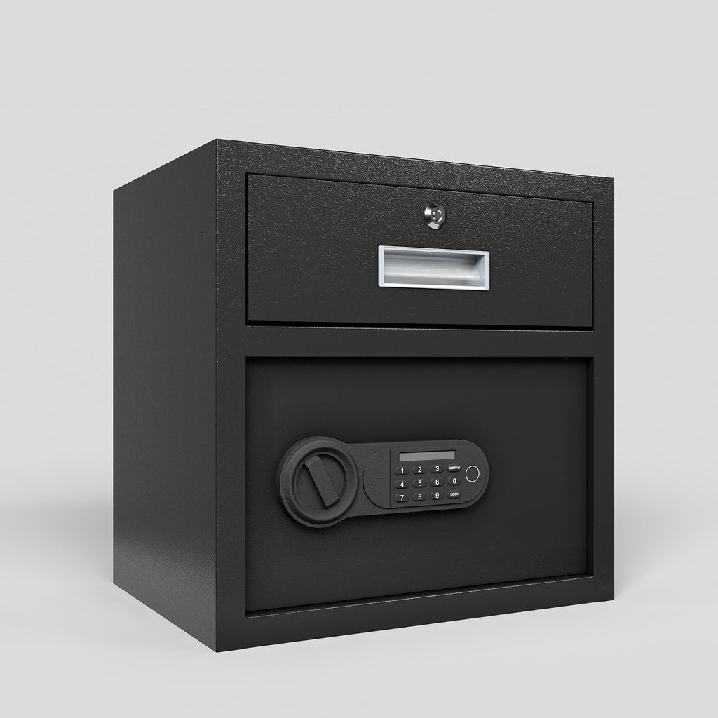 Shopi Vella black steel security safe box with digital keypad and key lock for secure storage