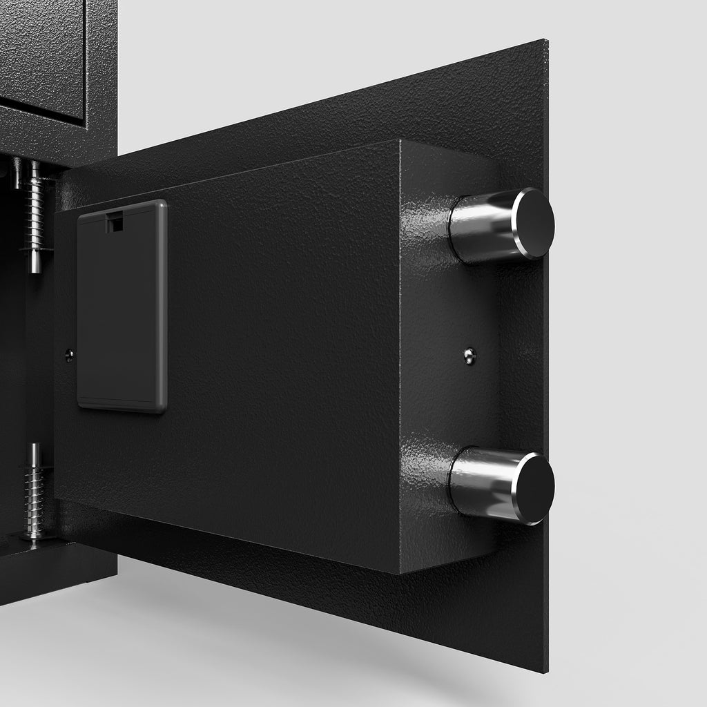 Black steel security safe box door with two locking bolts and textured finish