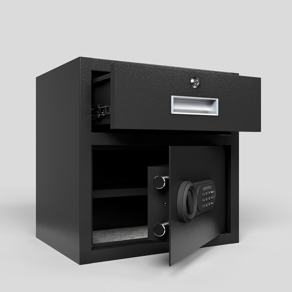Shopi Vella black steel security safe box with digital lock and drawer for secure storage