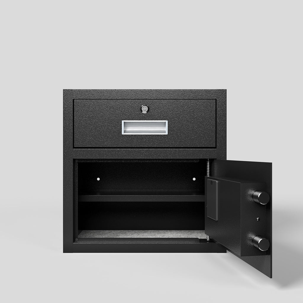Shopi Vella black steel security safe box with open door showing empty interior and locking bolts