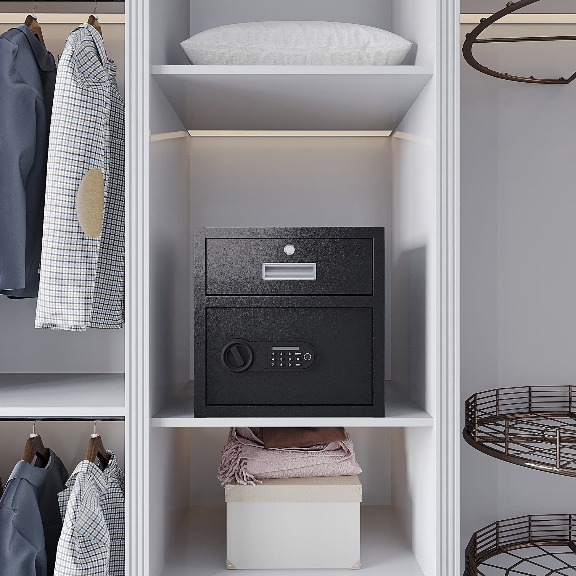 Black steel security safe box with digital keypad and drawer inside white closet with clothes and shelves