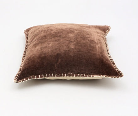Shopi Vella brown pillow case made from soft stonewashed cotton velvet throw pillow fabric with decorative edge stitching