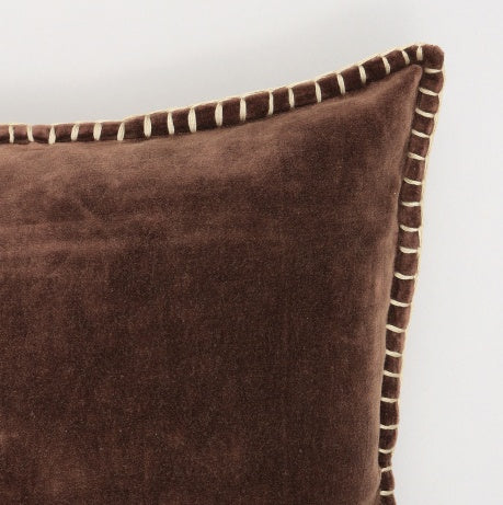 Shopi Vella stonewashed cotton velvet throw pillow case in brown with decorative white stitched edges