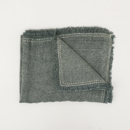 Shopi Vella stonewashed linen throw blanket in soft gray with fringed edges and stitched detailing