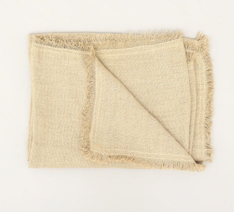 Shopi Vella beige cushion cover with fringed edges made from stonewashed linen throw blanket fabric