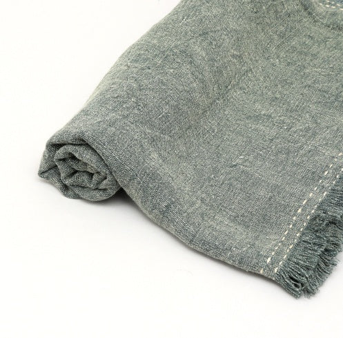 Shopi Vella stonewashed linen throw blanket in gray with fringed edges and stitched detailing