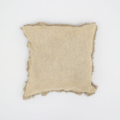 Stonewashed linen throw pillow with frayed edges in neutral beige color by Shopi Vella