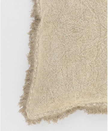 Shopi Vella stonewashed linen throw pillow case with textured beige fabric and fringe edges