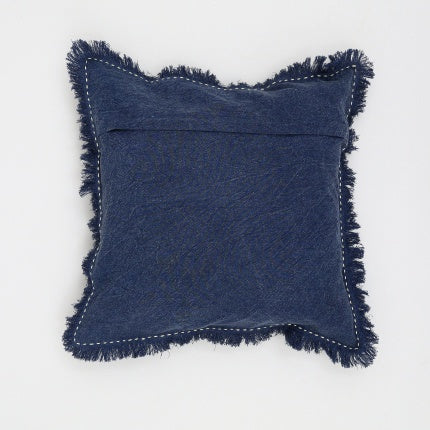 Shopi Vella navy blue stonewashed linen throw pillow case with fringe edges and stitched detailing