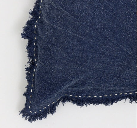 Shopi Vella navy blue stonewashed linen throw pillow case with fringe and stitched edges