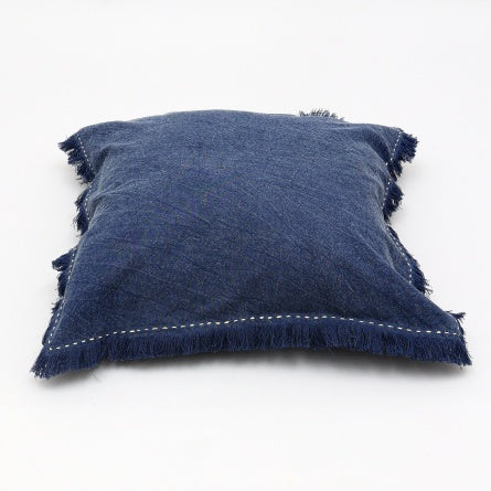 Shopi Vella navy blue stonewashed linen throw pillow case with fringed edges
