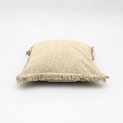 Shopi Vella beige stonewashed linen throw pillow with fringed edges on white background