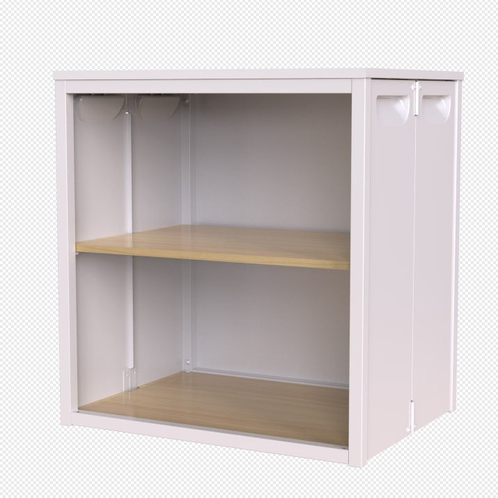 Shopi Vella sturdy steel wood cabinet for home with two wooden shelves and white metal frame