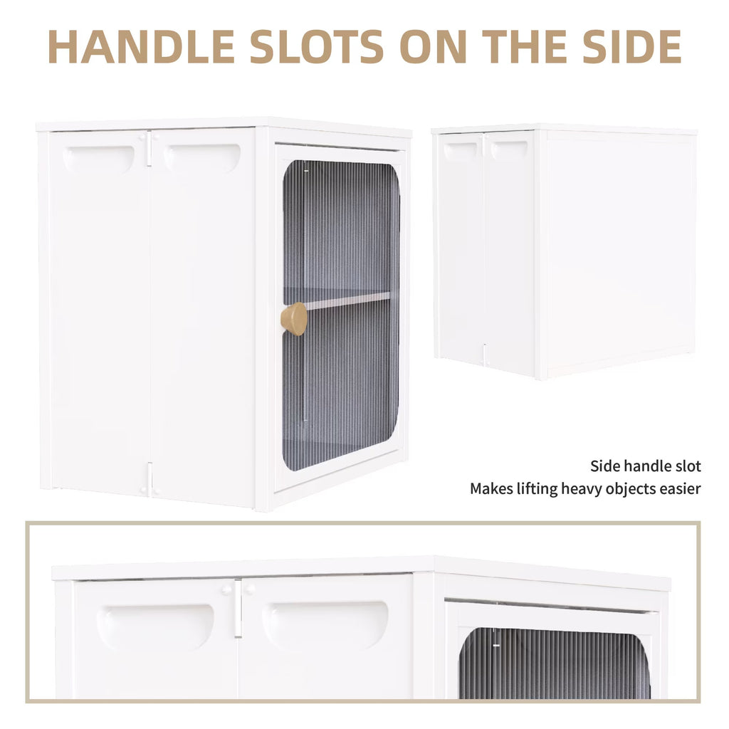 White sturdy steel wood cabinet for home with side handle slots for easy lifting and storage
