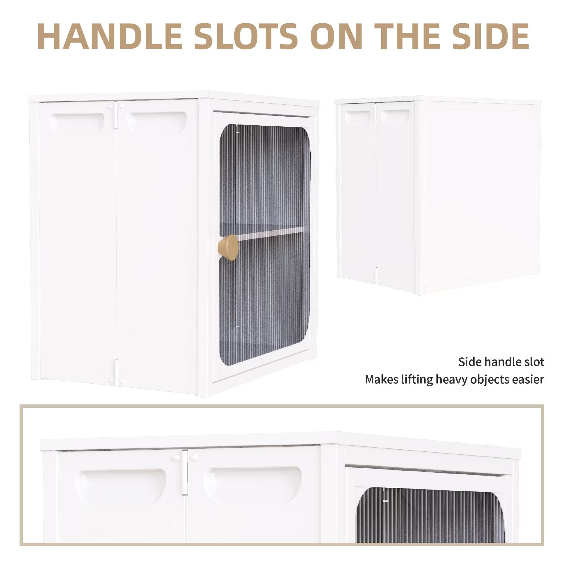 White sturdy steel wood cabinet for home with side handle slots for easy lifting and storage