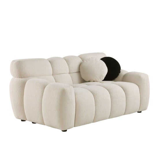 Shopi Vella plush white stylish apartment sofa with rounded cushions and black and white pillows