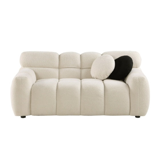 Shopi Vella plush white stylish apartment sofa with rounded cushions and two decorative pillows