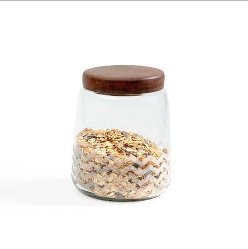 Shopi Vella stylish glass jar food storage with wood lid and zigzag design filled with oats