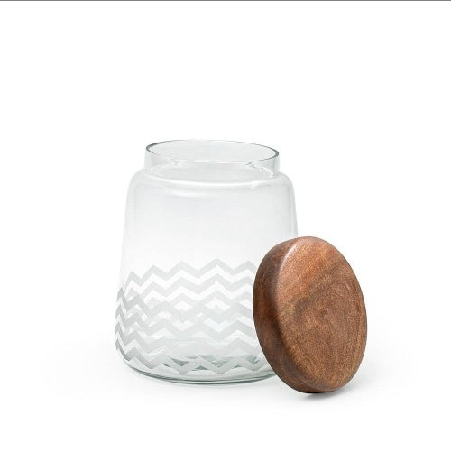 Shopi Vella stylish glass jar food storage with wooden lid and zigzag pattern on clear glass