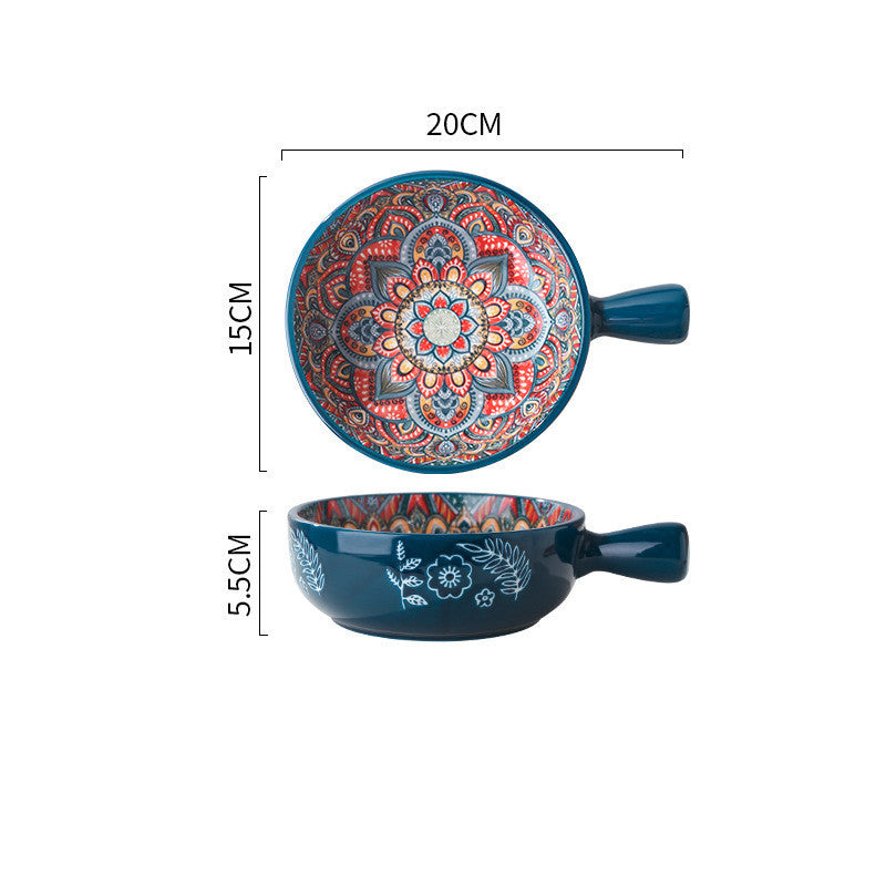 Shopi Vella stylish household salad and dessert dish with intricate floral pattern and blue handle