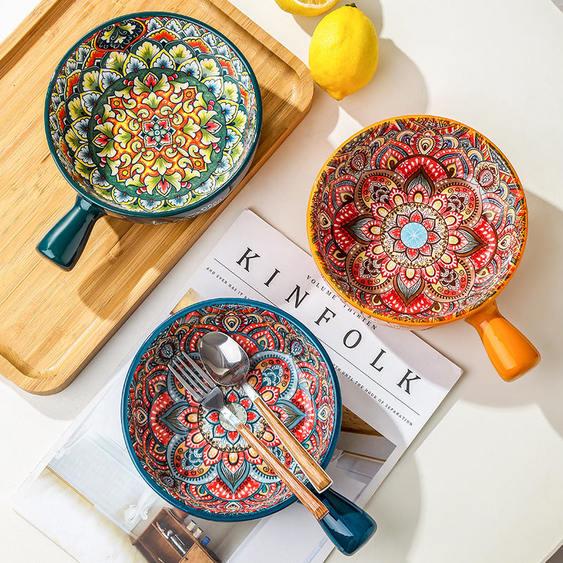 Shopi Vella kitchen storage with stylish household salad and dessert dish set featuring colorful intricate designs
