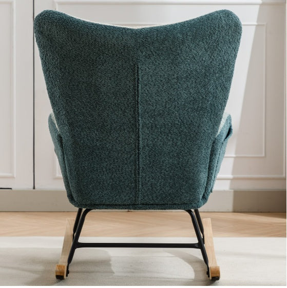 Back view of a stylish lounge chair for home office with dark green fabric and wooden rocker base