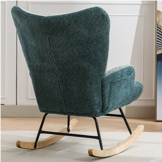 Stylish lounge chair for home office with dark green fabric upholstery and wooden rocking legs