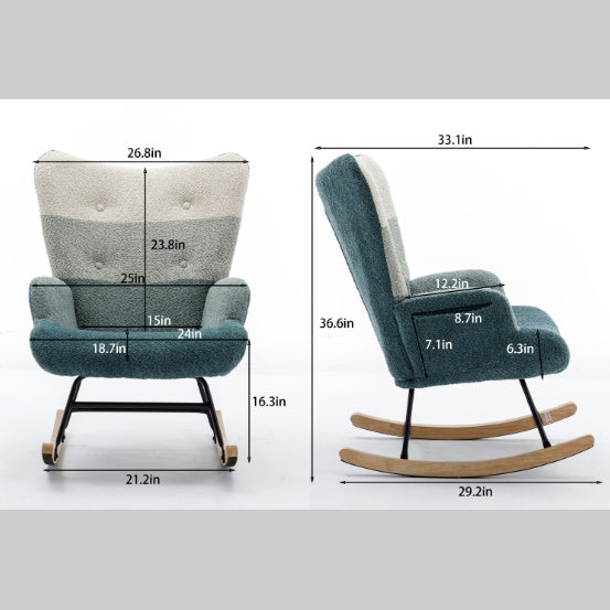 Stylish lounge chair for home office with soft two-tone upholstery and wooden rocker base dimensions