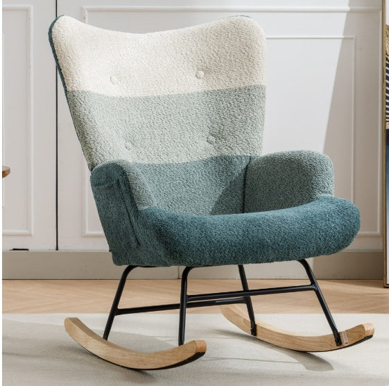 Stylish lounge chair for home office with multicolor cushioned seat and wooden rocking base