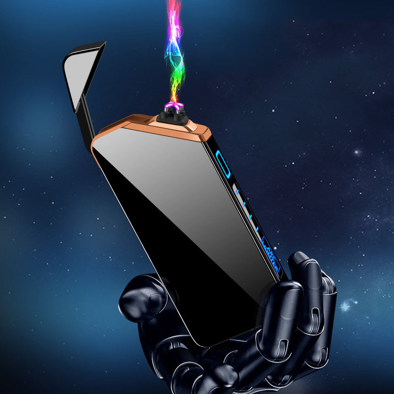 Stylish pocket cigarette lighter with sleek black design held by robotic hand emitting colorful flame