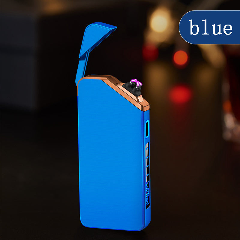 Blue stylish pocket cigarette lighter with electric arc flame and flip-top cover for home storage