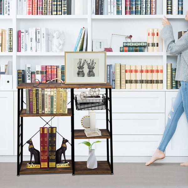 Stylish storage shelves for kitchen with wooden shelves and black metal frame holding books and decor