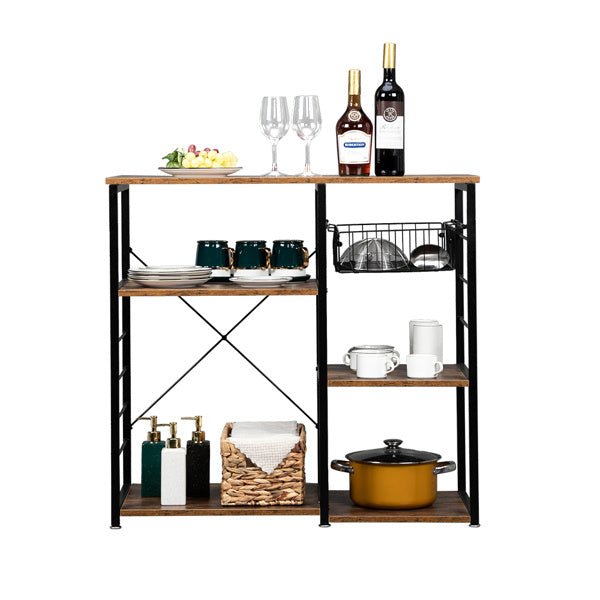 Shopi Vella stylish storage shelves for kitchen with wooden shelves and black metal frame holding kitchenware and bottles