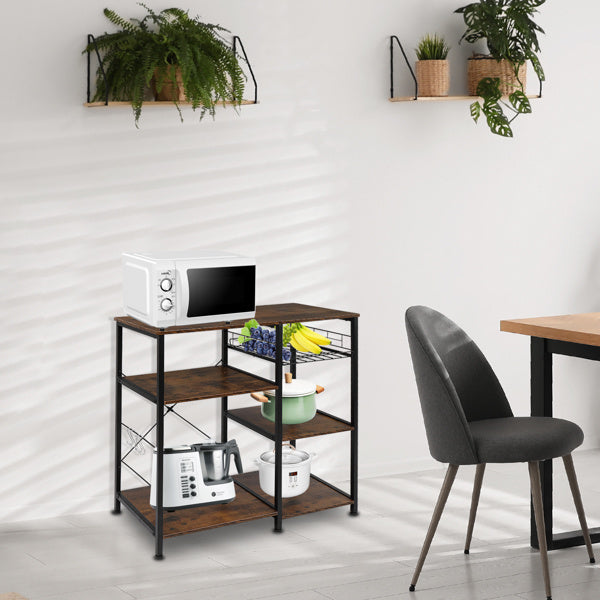Shopi Vella stylish storage shelves for kitchen with wooden shelves and black metal frame holding microwave and kitchen appliances