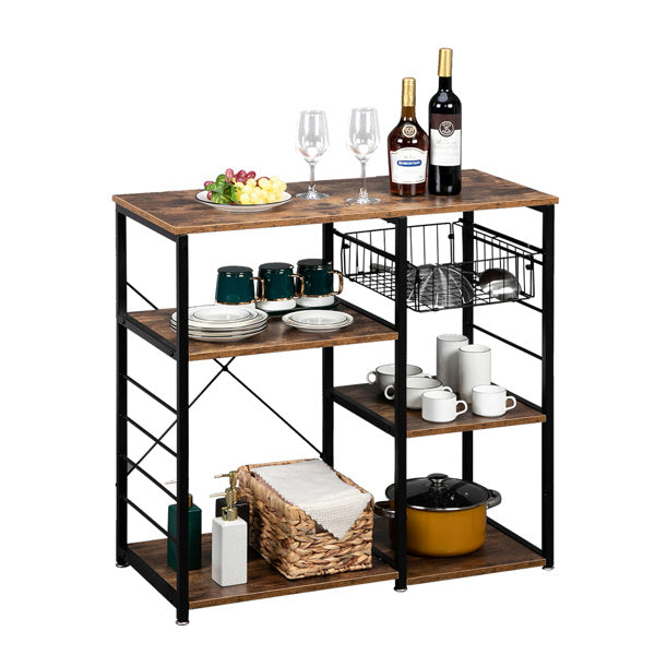 Shopi Vella stylish storage shelves for kitchen with wood and black metal frame holding dishes and wine bottles