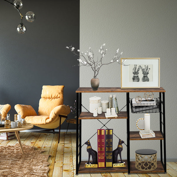 Shopi Vella stylish storage shelves for kitchen with black metal frame and wooden shelves holding decor and books