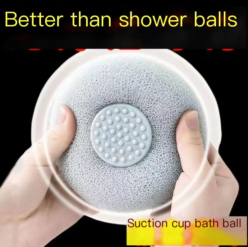 Hands holding a suction bath exfoliating brush set with textured surface and suction cup