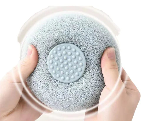 Gray suction bath exfoliating brush set with textured grip and soft bristles held in hands